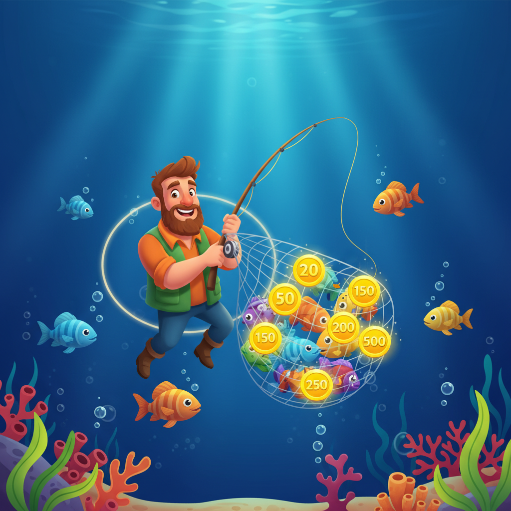 Fishin' Frenzy Free Spins bonus round screen showing deep blue underwater background with Fisherman Wild collecting fish tag cash prizes